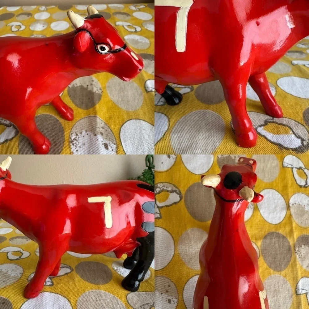 K’s Collection red black striped grid hand painted Cow figurine